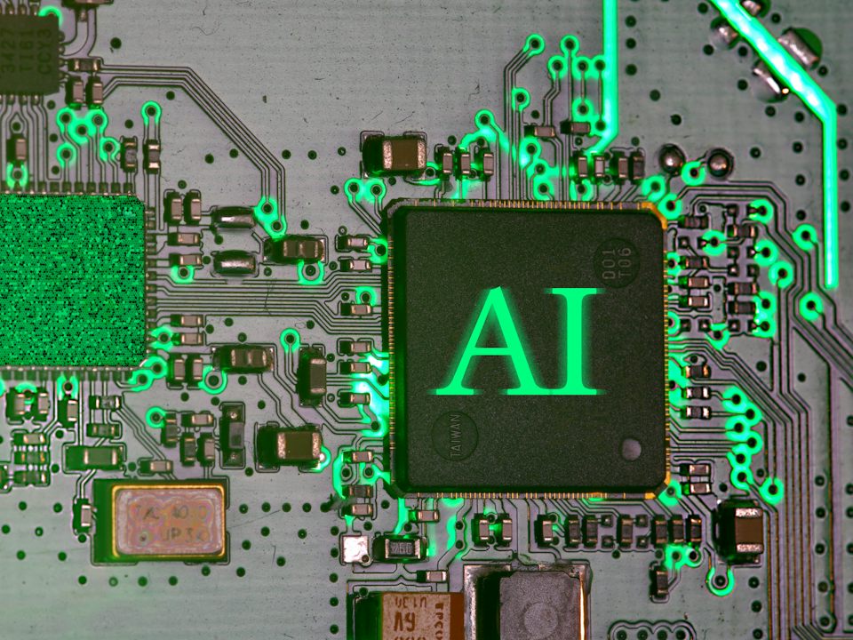 Chip de inteligencia artificial sobre una placa de circuitos como símbolo del SEO para IA y GEO